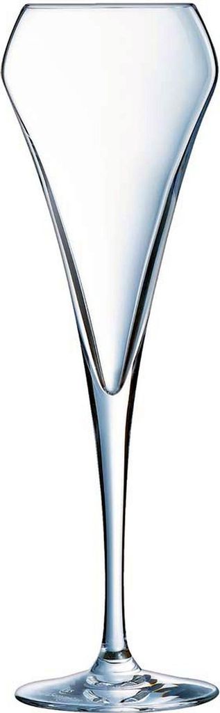 A clear, studio shot of a single champagne flute.