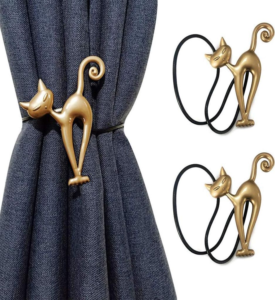 2er Set Vintage Katzen Magnetische Gardinenhalter, Stilvoll & Praktisch für Vorhänge Gold