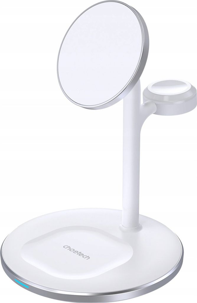A white 3-in-1 wireless charging stand for iPhones, AirPods, and Apple Watches.