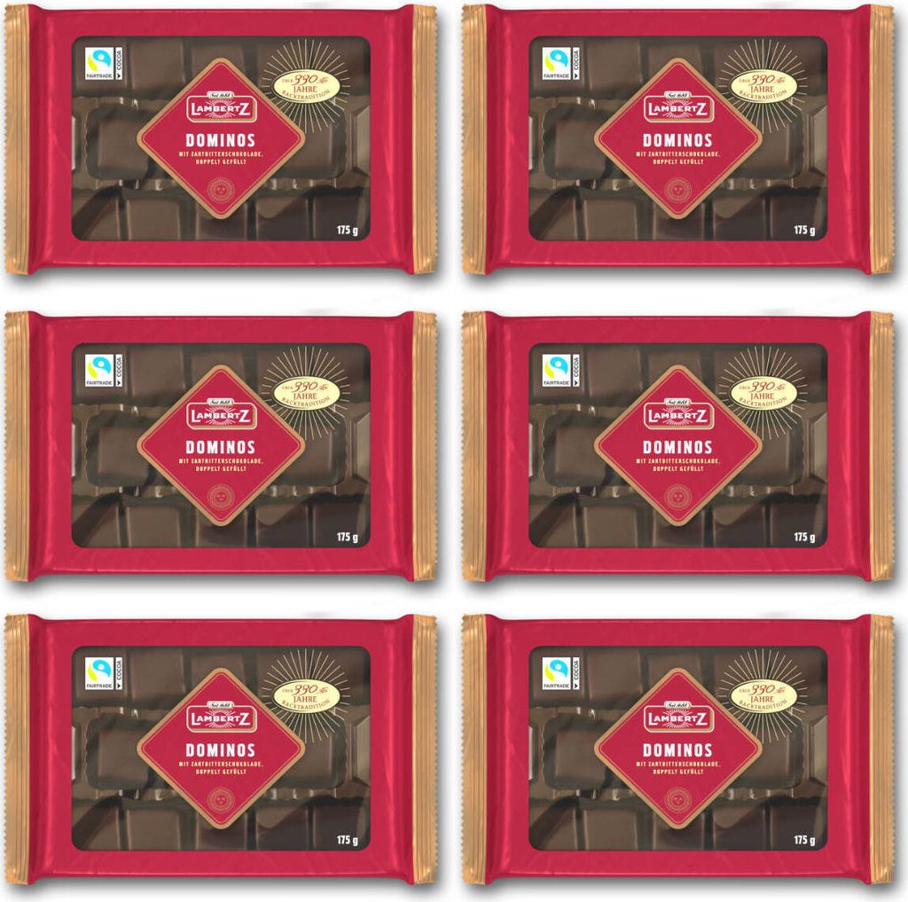 A top-down view of six packages of Lambertz Dominos chocolate bars arranged in a 2x3 grid on a white background.