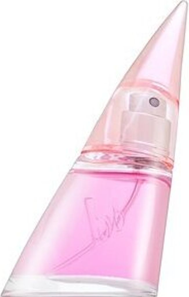 A bottle of pink perfume is shown against a white background.