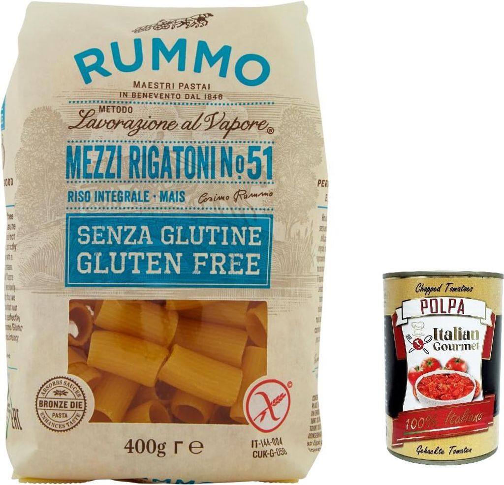 5x Rummo Pasta Mezzi rigatoni n. 51 senza Glutine, gluten free, 100% italienische Pasta nudeln glutenfrei 400g + Italian Gourmet polpa 400g
