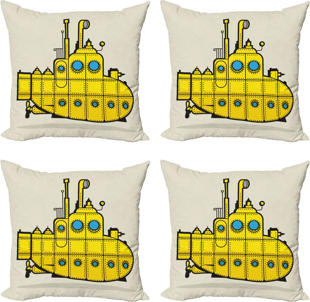 ABAKUHAUS Gelbes U-Boot Kissenbezug Set (4 Stück), Grunge-Stil, Moderner Doppelseitiger Digitaldruck, 45 cm x 45 cm, Grau, Gelb, Blau