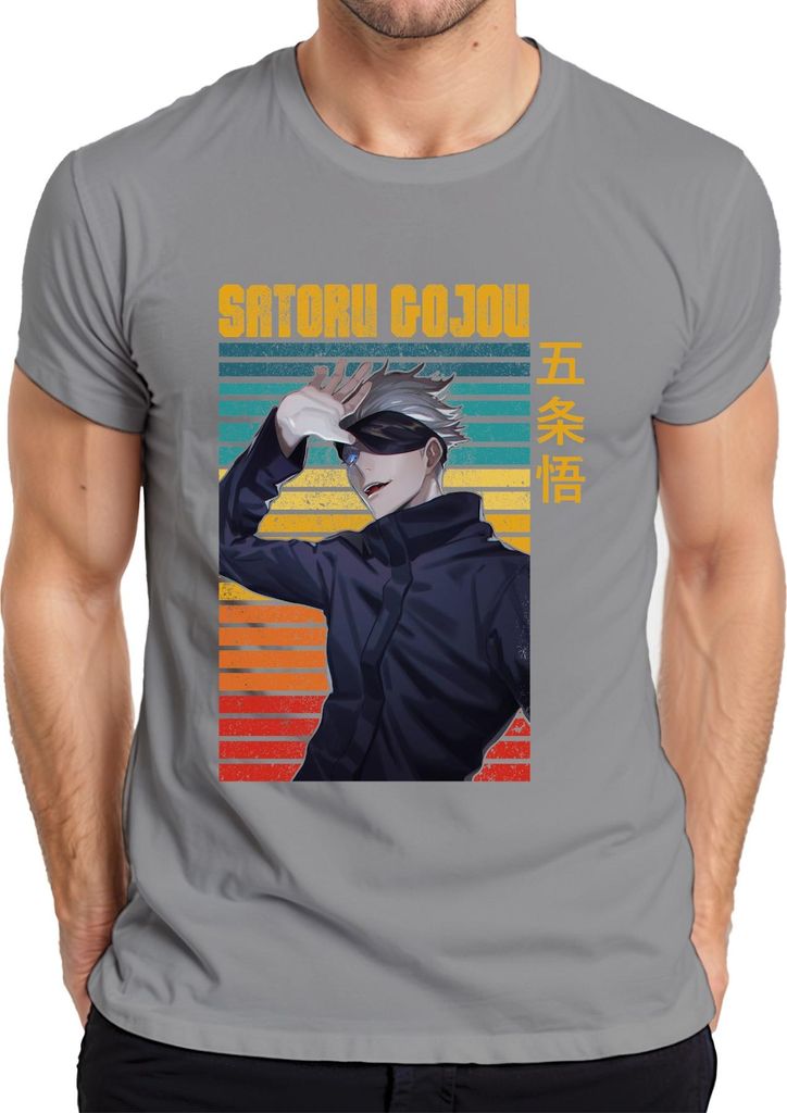 SATORU GOJOU Jujutsu Kaisen Augenbinde Anime Geschenk Retro Herren T-Shirt, Grau, S