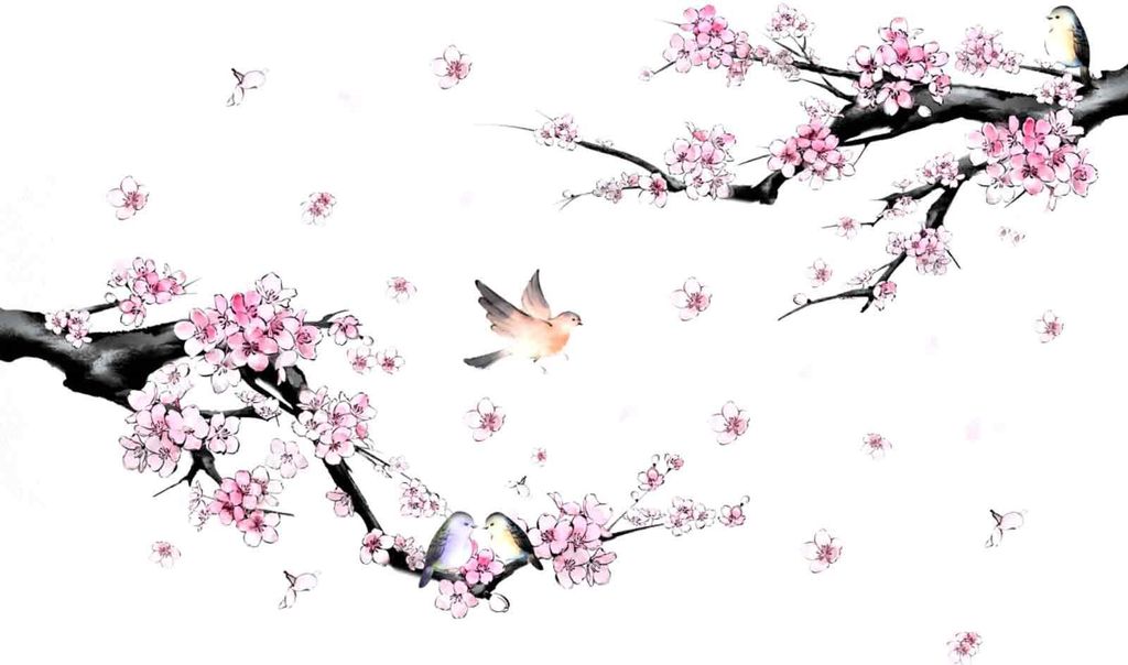 2 Blatt einfache Installation Wandaufkleber für Wanddekoration Wohnzimmer Selbstklebende Wandaufkleber Pfirsichblütenzweig Vogelblütenblätter G...