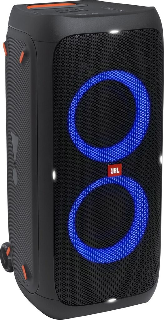 A black JBL party speaker with blue lights.
