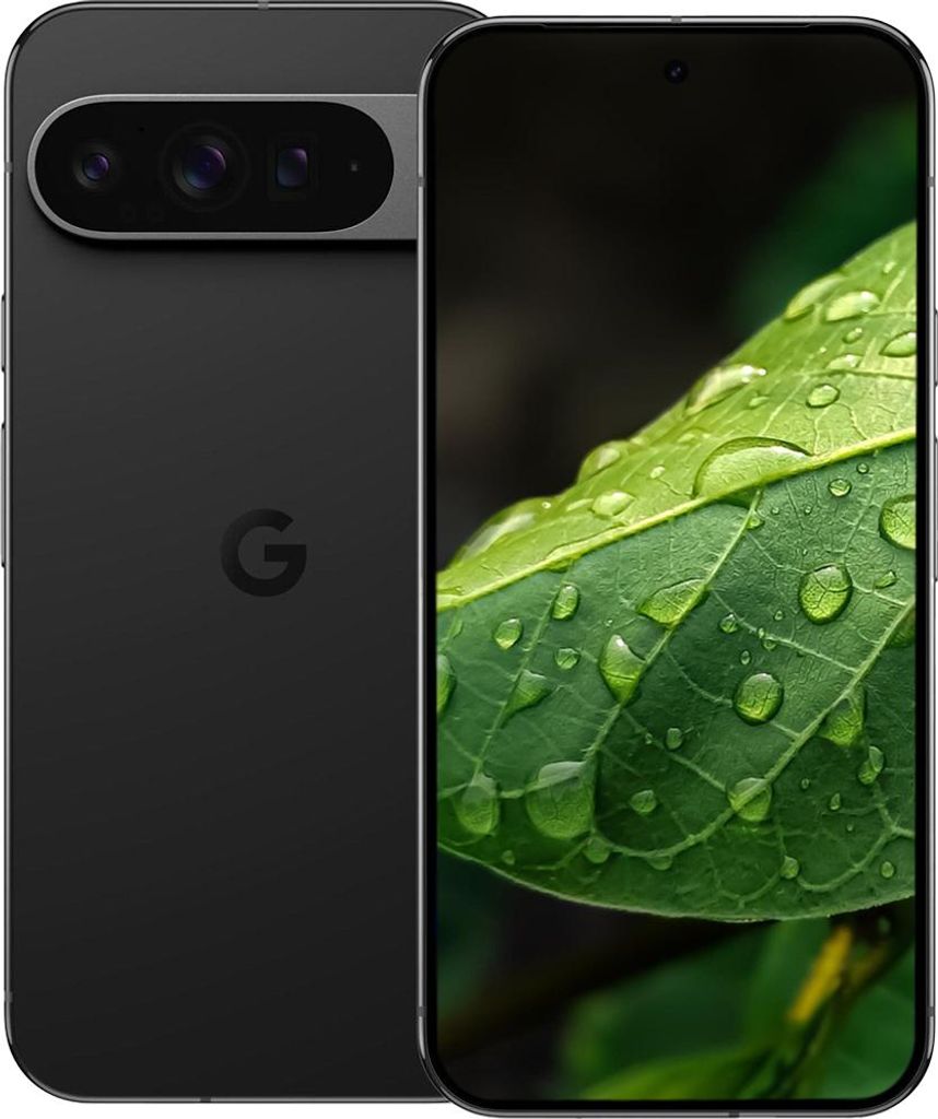 A Google Pixel 9 Pro XL 512GB Obsidian smartphone is shown from the back and front, with the screen displaying a close-up of a green leaf with water droplets.