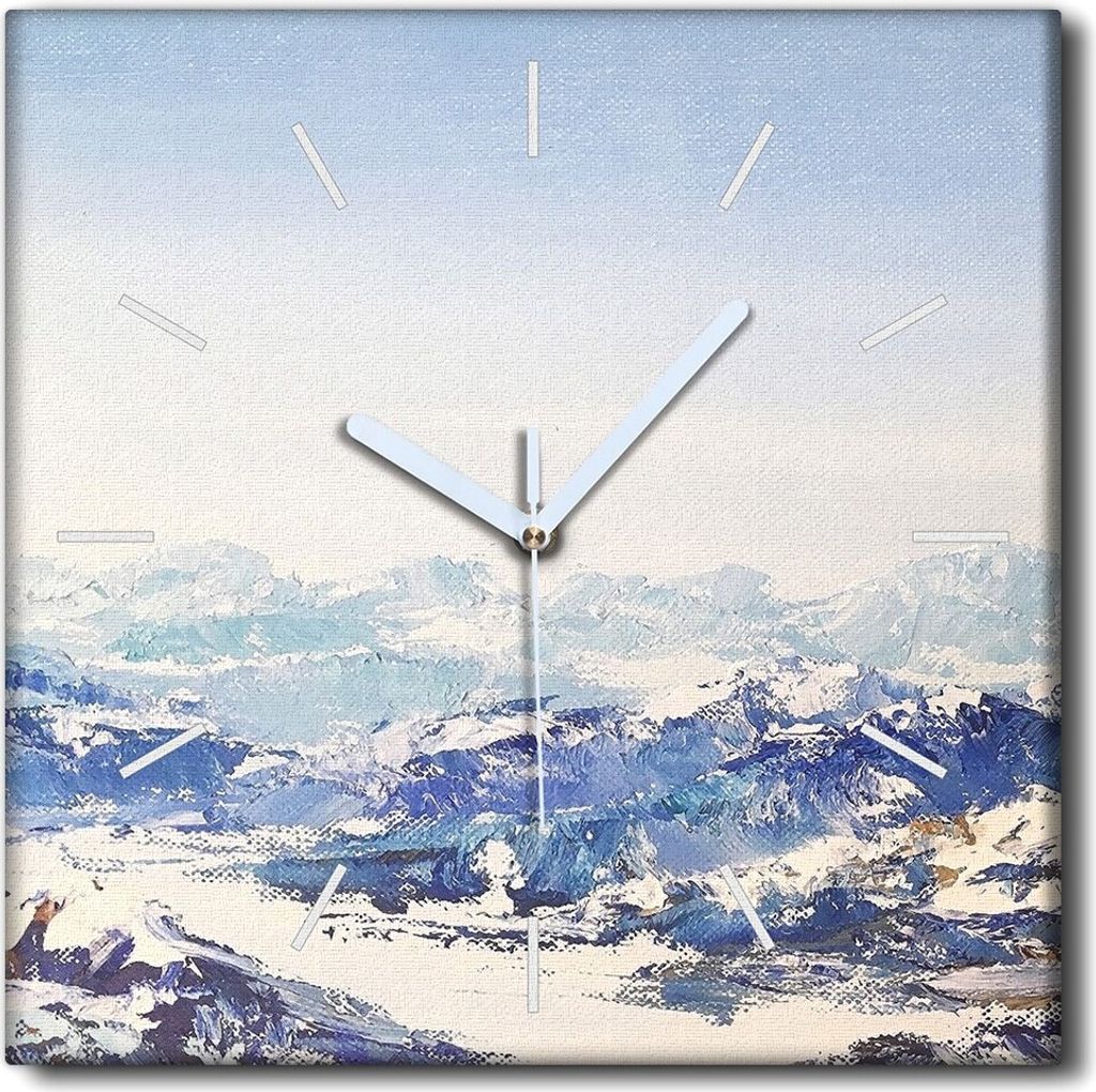 Coloray Uhr auf Leinwand 30x30 cm Wand Uhr Dekoration Wohnzimmer Segeltuch weiße Zeiger -Schneegebirge Winter.