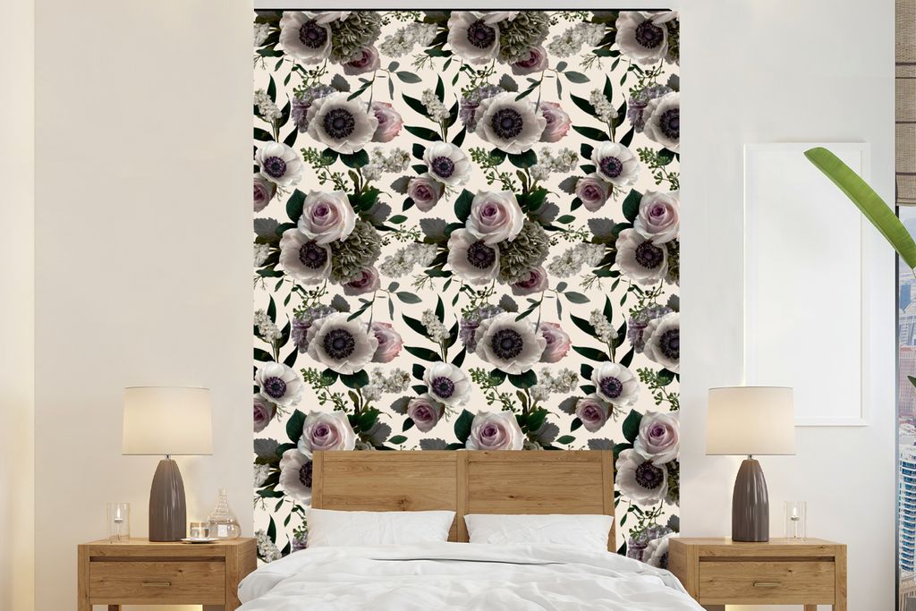 MuchoWow Fototapete für Wohnzimmer oder Schlafzimmer Wandtapete Vinyl Motivtapete Blumen - Muster - Anemone - 195x300 cm - Das Hintergrundbild