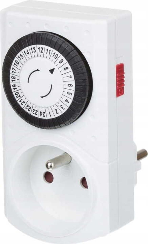 A white mechanical timer plug with a black dial and red switch.