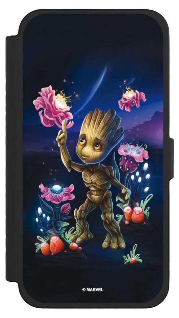 NIVOCASE Klapphülle für Apple iPhone 15 Pro Max Handyhülle aus Kunst Leder NIVOflip schwarz Marvel Guardians Of The Galaxy Baby Groot