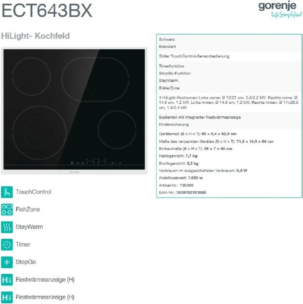 Table de cuisson Gorenje ECT643BX vitrocéramique avec commandes tactiles - 9