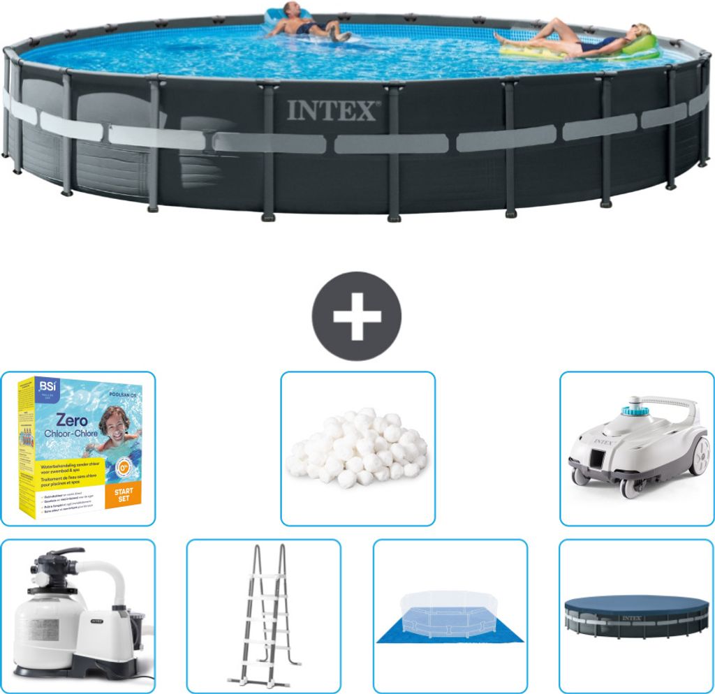 Intex Round Ultra XTR Frame Swimming Pool – 732 x 132 cm – inklusive Pumpe – Leiter – Bodenplane – Abdeckung Wartungspaket - Filterbälle...