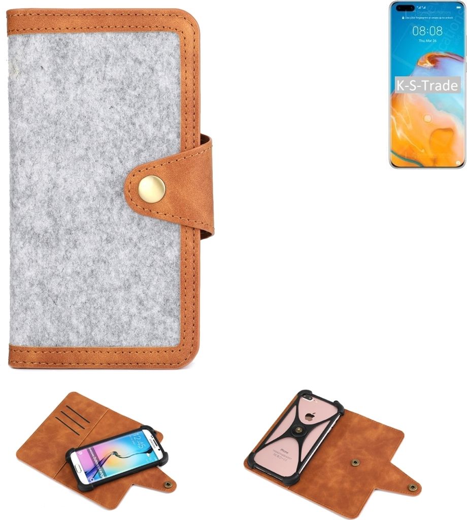 K-S-Trade Handyhülle kompatibel mit Huawei P40 Pro Schutzhülle Filz-Hülle Kunst-Leder hellgrau braun (1x)