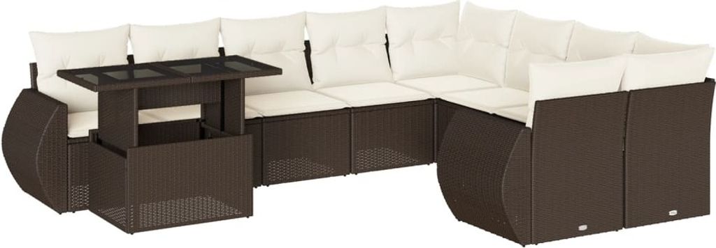 10-tlg. Garten-Sofagarnitur mit Kissen Braun Poly Rattan