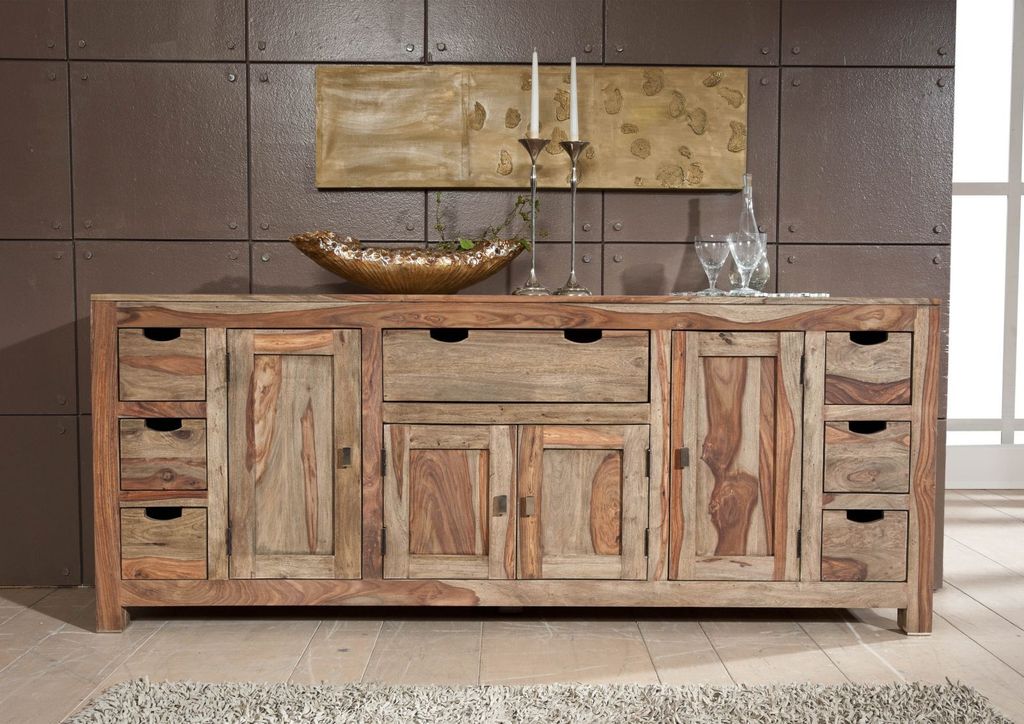 MASSIVMOEBEL24 Sideboard Sheesham 210x42x85 grau geölt NATURE GREY #080