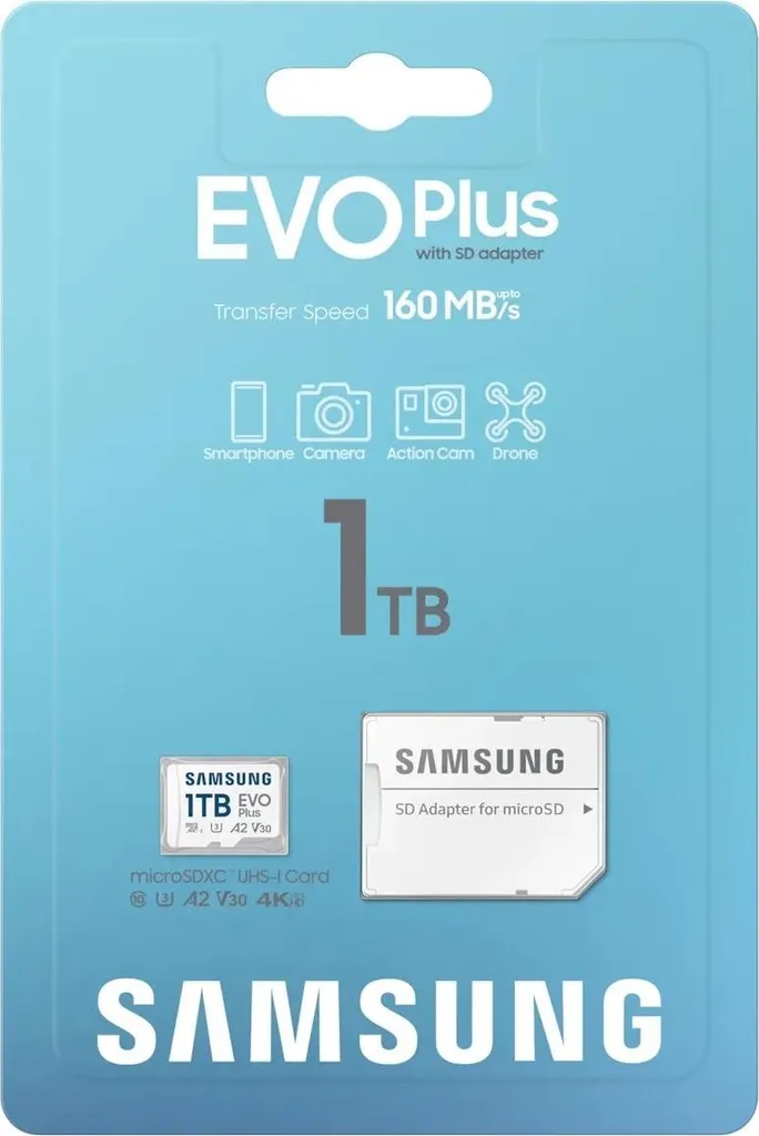 Carte Mémoire 1 To MicroSDXC Samsung MB-MC1T0S Vitesse 160 Mo/s U3