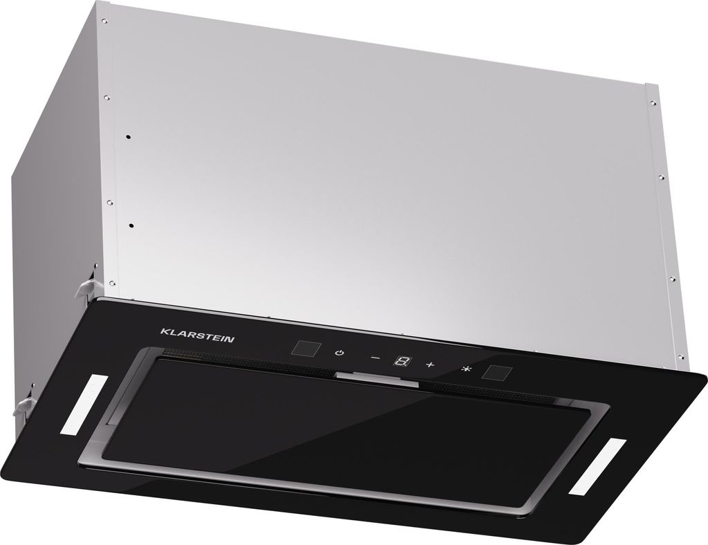 A built-in kitchen range hood, viewed from a three-quarter angle, is presented against a white background. The hood features a black glass panel with a touch control interface and a stainless steel interior.