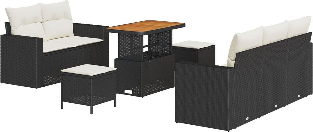 Möbel 8-teiliges Garten Sofa Set mit Kissen Schwarz Poly Rattan Akazie, 3-teiliges Garten Essset mit Kissen Schwarz Poly Rattan Akazie - Gartensof...