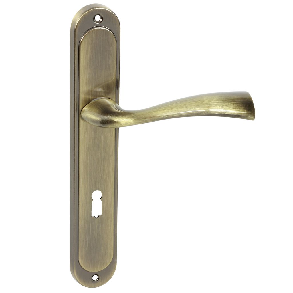 A close-up studio shot of a door handle with a keyhole on a white background.