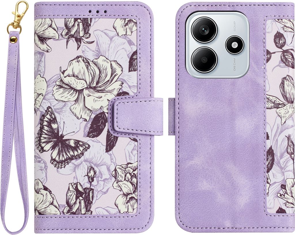 Für Xiaomi Redmi Note 14 5G Kunstleder Wallet Handy Tasche Blumen Design Hülle Etuis Lila