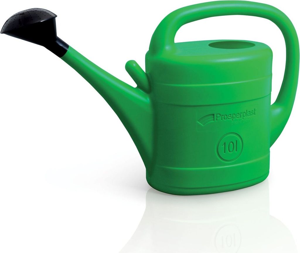 A green watering can with a black nozzle, shown in isolation against a white background.