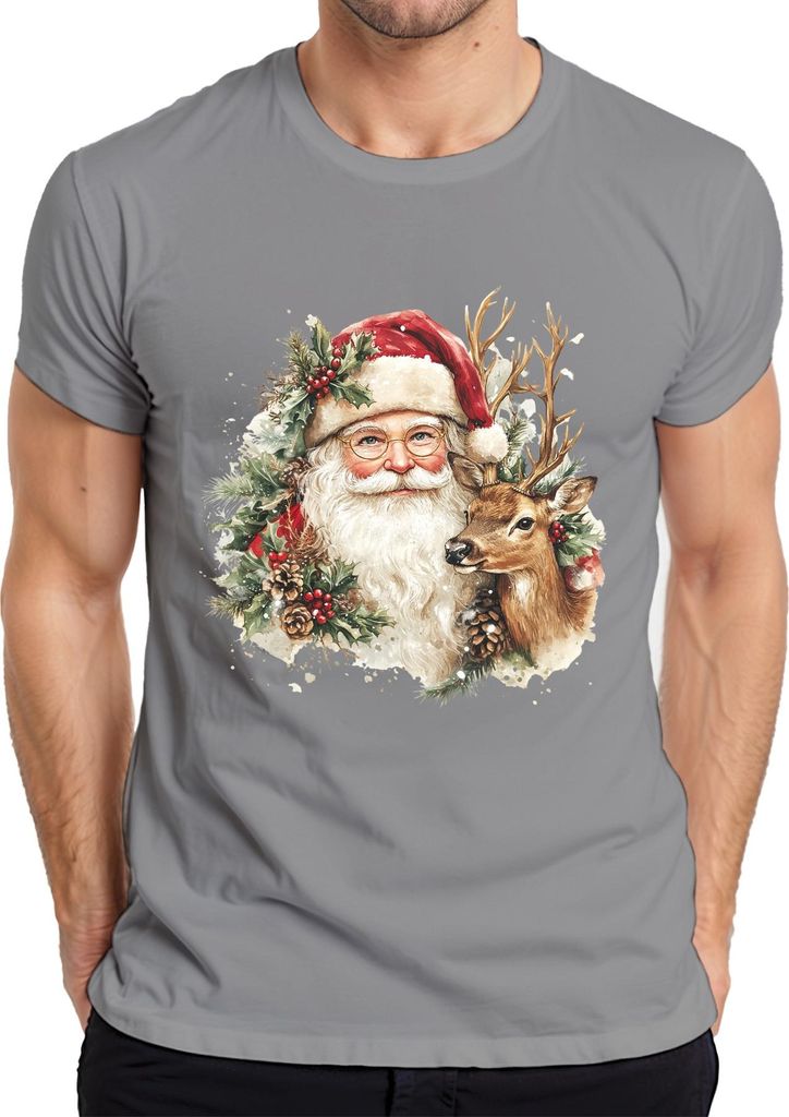 Weihnachtsmann Rentier Weihnachtsgeschenk Nostalgie Vintage Retro Herren T-Shirt, Grau, 3XL