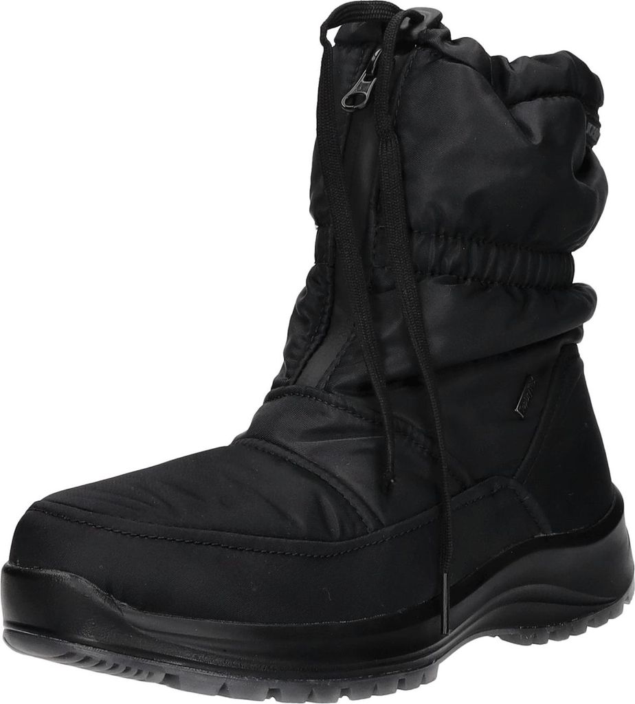 A black snow boot is shown against a white background.