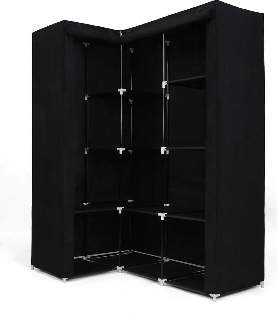 Armoire d'angle en tissu noir robuste avec housse anti-poussière Zip