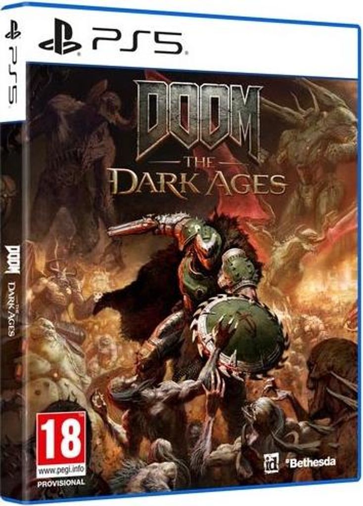 The image shows the game box for DOOM: The Dark Ages for PS5, featuring artwork of the main character in combat.