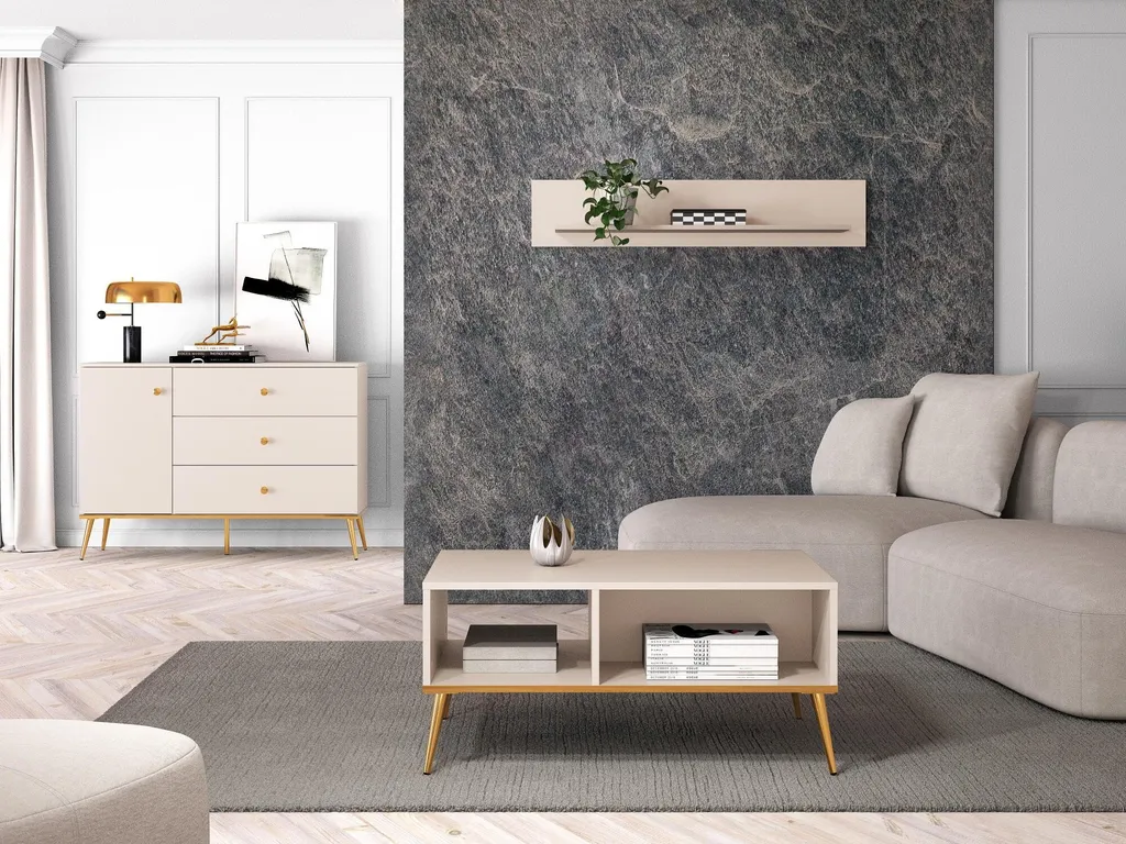 Table Basse 90cm Beige avec Pieds Dorés Selgin - Finition Haut de Gamme - 5