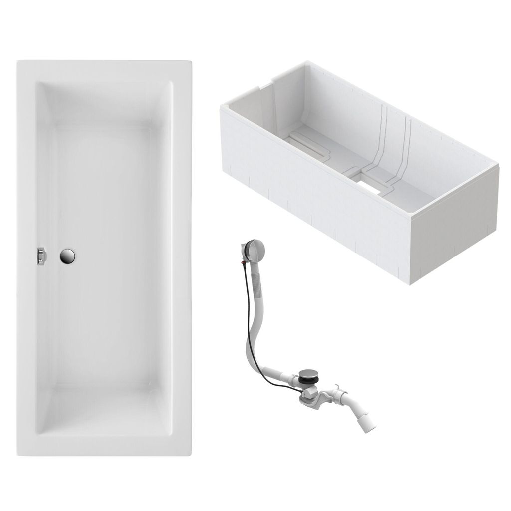 Schulte Badewanne 180x80 cm Komplettset mit Wannenträger und Ab- und Überlauf, Rechteckbadewanne Balos weiß