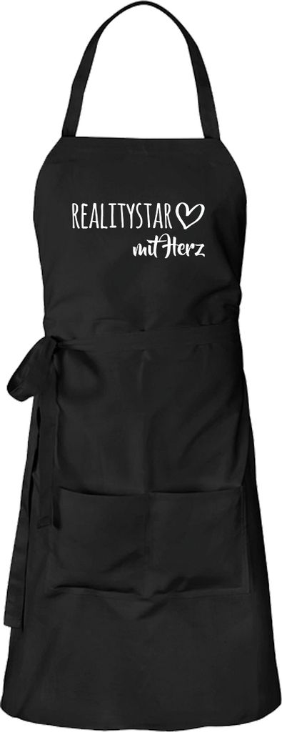Huuraa Schürze Ralitystar mit Herz Schwarz mit Taschen Baumwolle Kochschürze Geschenkidee