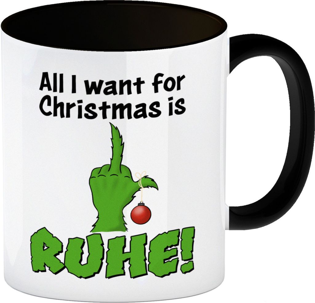 Weihnachtsmuffel Kaffeebecher in schwarz mit Spruch All I want for Christmas is