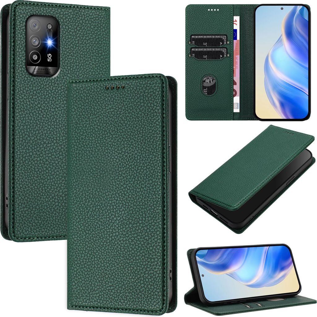 Litchi Leder Handyhülle für Oppo A94 5G/Reno5 Z Wallet Kartenfächer Standfunktion Hülle Grün