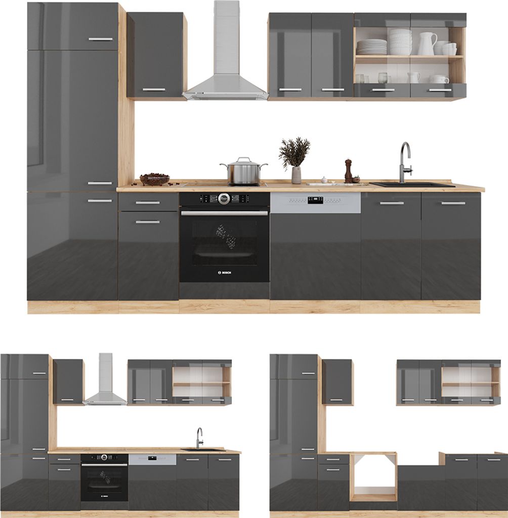 Cuisine R-Line, 300 cm , PT Chêne, Anthracite maison de campagne/blanc