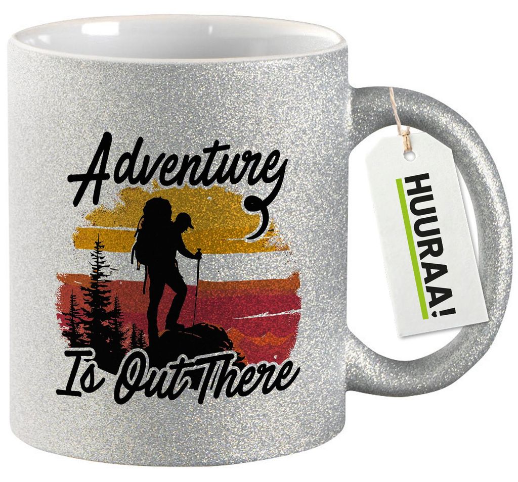 Huuraa Glitzertasse Adventure is out there Backpacking 330ml Silber Keramik Kaffeebecher Geschenkidee