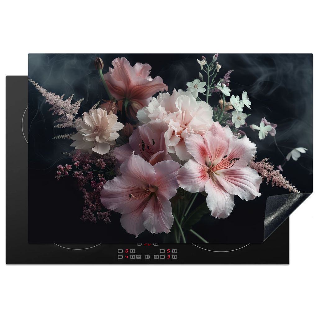 KitchenYeah Herdabdeckplatte Blumen - Rosa - Pflanzen , 78x52cm, Küche Deko, Glaskeramikkochfeld Herdabdeckung, Abdeckplatte fùr Kochfeld