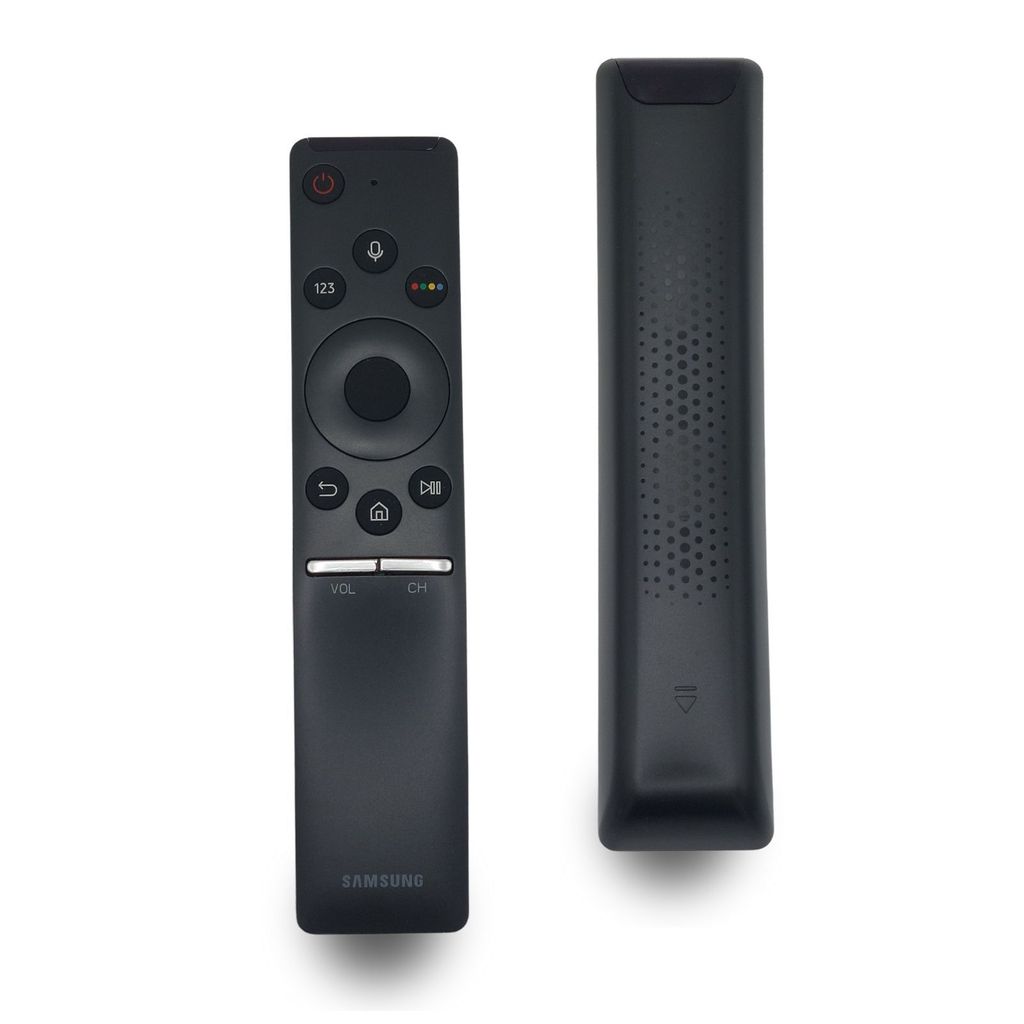 Two black Samsung TV remote controls are shown against a white background. One remote is shown from the front, displaying its buttons, and the other is shown from the back, revealing a textured pattern.
