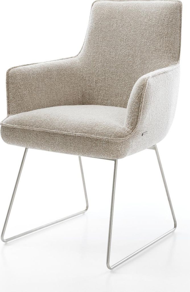 DELIFE Esszimmerstuhl Heira-Flex mit Armlehnen Webstoff Soft Beige Kufengestell Edelstahl Taschenfederkern