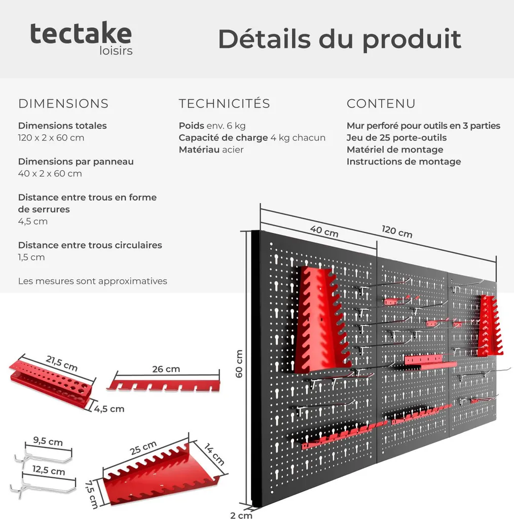 Ensemble 3 panneaux perforés JONAH pour atelier, crochets et supports - 6