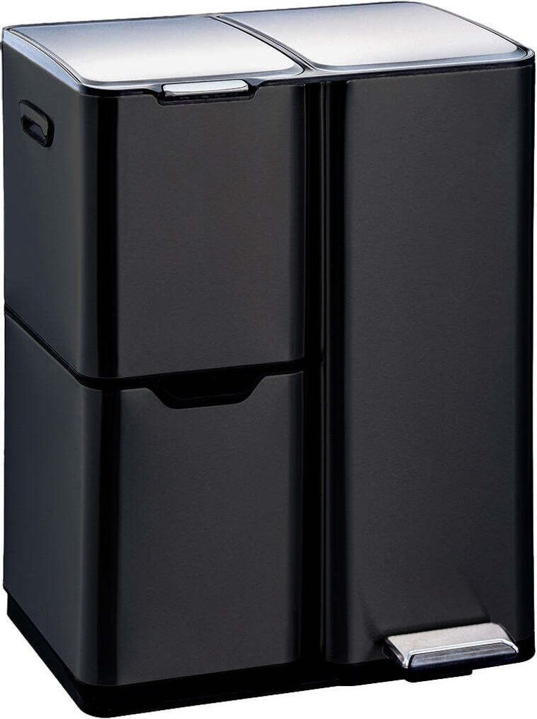 A black dual-compartment trash can with silver lids and pedals.