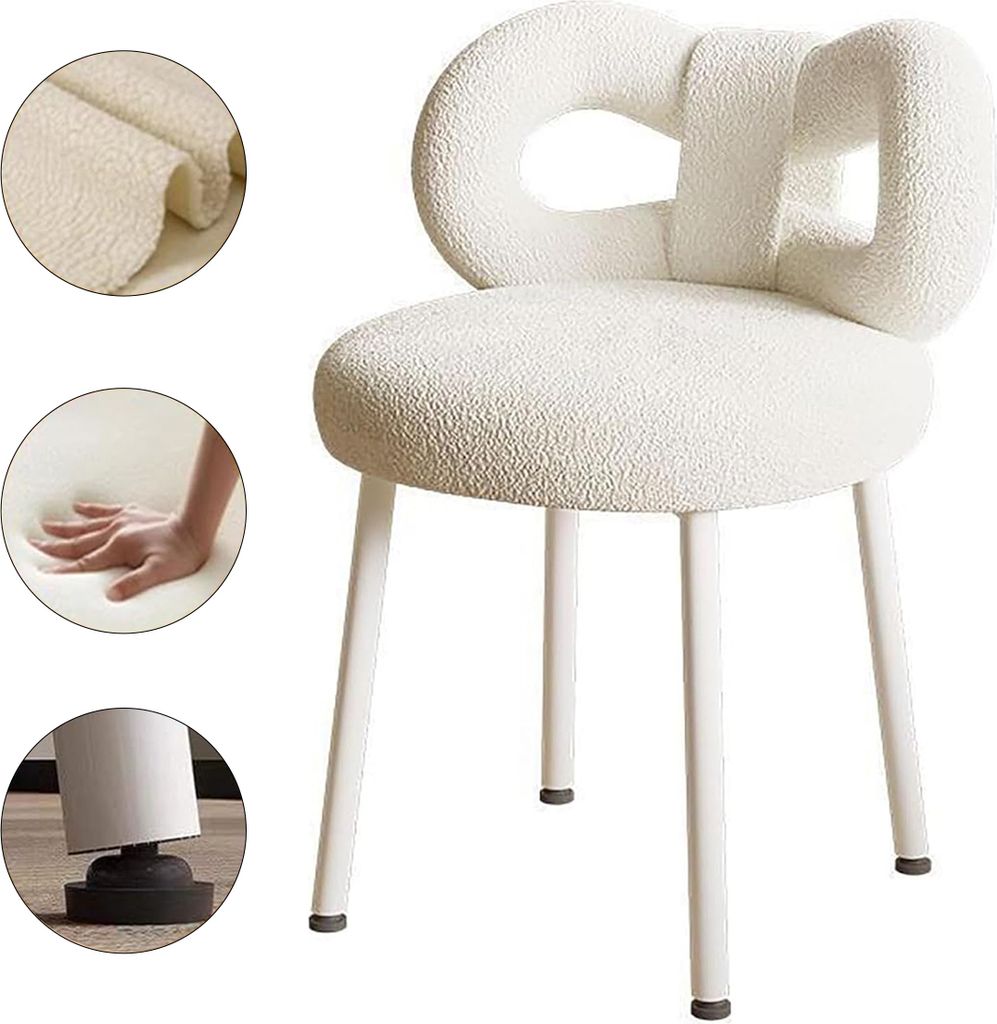 Schminkhocker, Bow Shape Rücken Dressing Stuhl, Sitzhocker Polsterhocker, Höhenverstellbarer Ankleidesessel für das Schlafzimmer, 33x33x67cm, Weiß