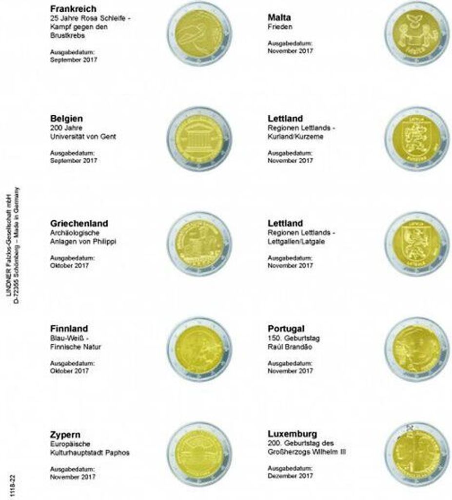 Lindner 1118-22 Vordruckblatt für 2 Euro-Gedenkmünzen: Frankreich 2017 bis Luxemburg 2017