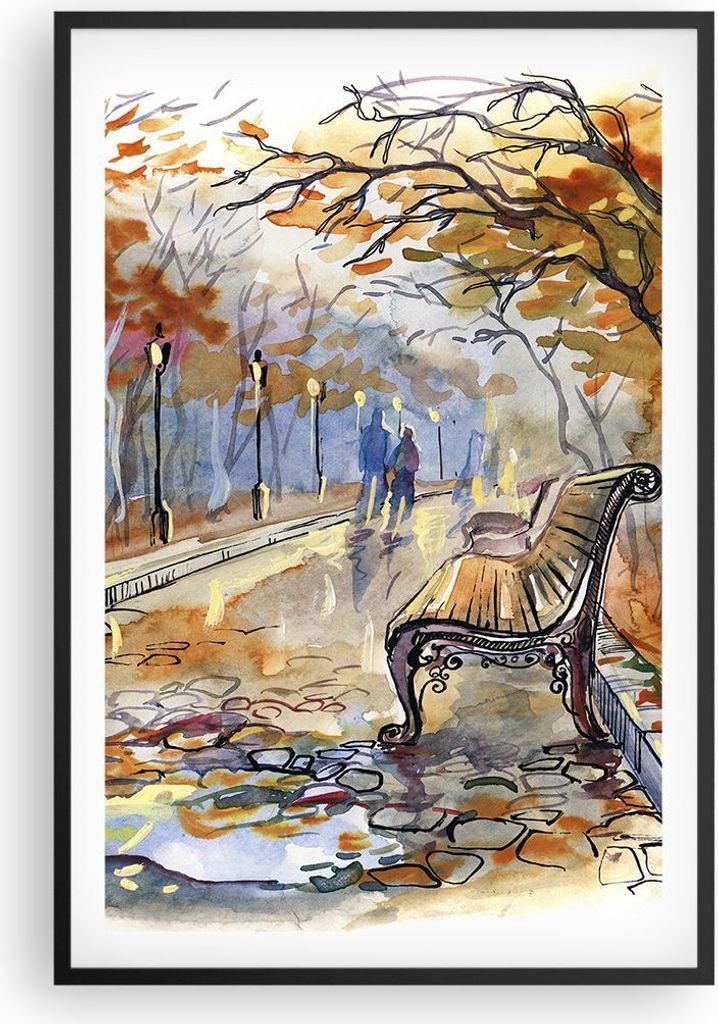 Gerahmtes Poster - Schwarzer Rahmen - Path Bench Herbst Frau - 61x91,5 cm - Wand Bild - Wanddeko - Wandbilder - Kunstposter - Wandposter - Bilderra...