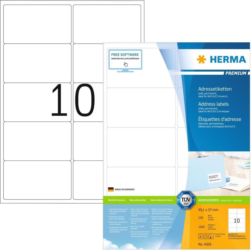 Adressetiketten Premium A4, weiß 99,1x57 mm Papier matt 1000 St.