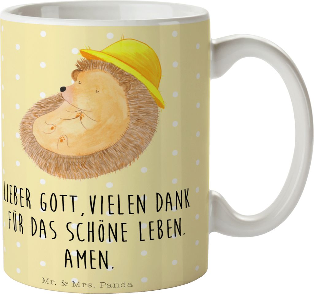 Mr. & Mrs. Panda Becher Igel Beten - Gelb Pastell - Geschenk, Kaffeepott, Leben, Amen, Dankbarkeit, Kaffeetasse, Keramiktasse, Tasse, Sonnenhut, Po...