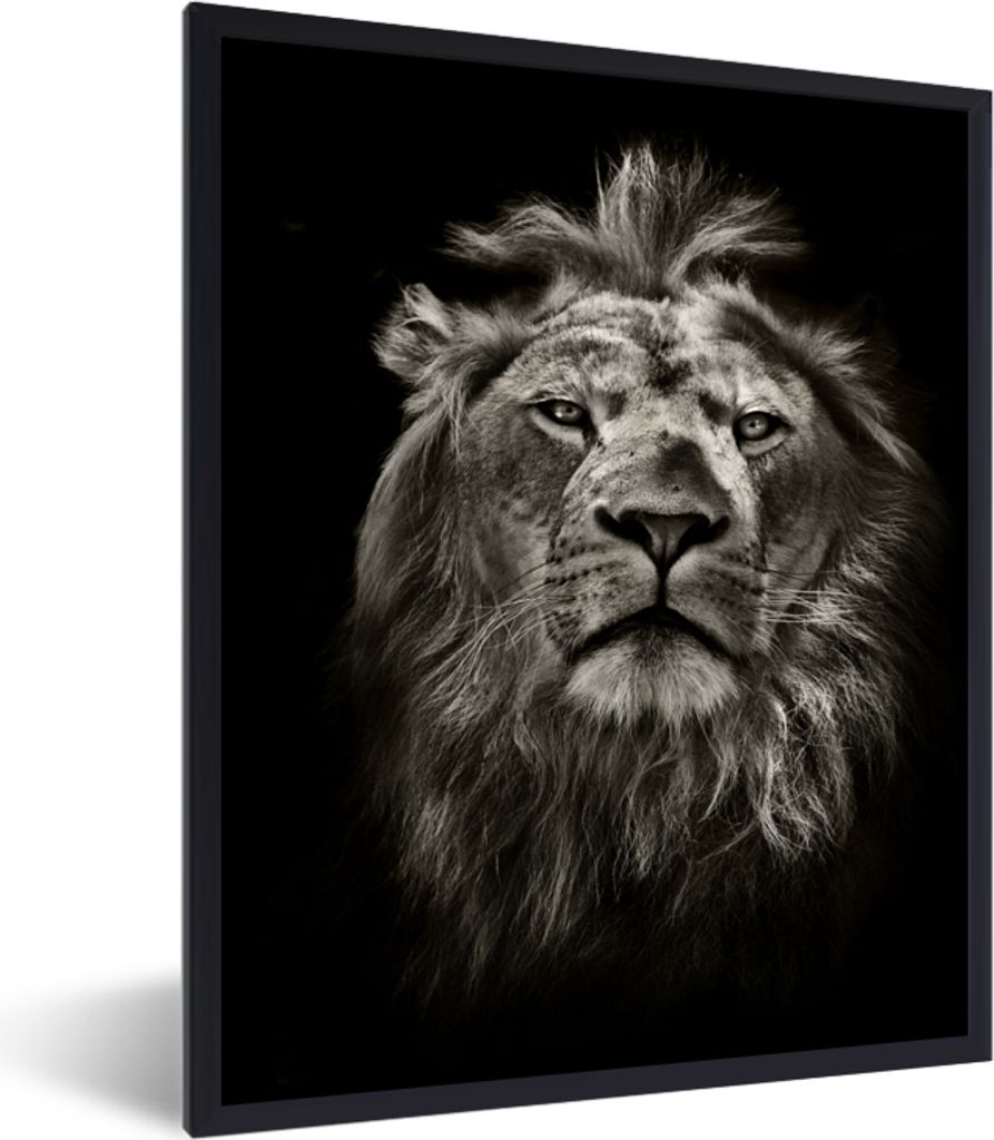 MuchoWow Gerahmtes Poster Löwe - Tiere - Porträt - Wildtiere - Schwarz und weiß 30x40 cm - Poster mit Schwarzem Bilderrahmen Wandposter Rahmen...