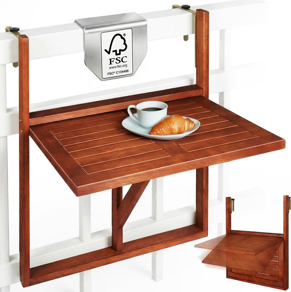 CASARIA Balkontisch klappbar wetterfest Holz FSC -zertifiziert 40kg Belastbarkeit 65x45cm Klapptisch Balkon Garten Tisch Geländer Terrasse Akazie