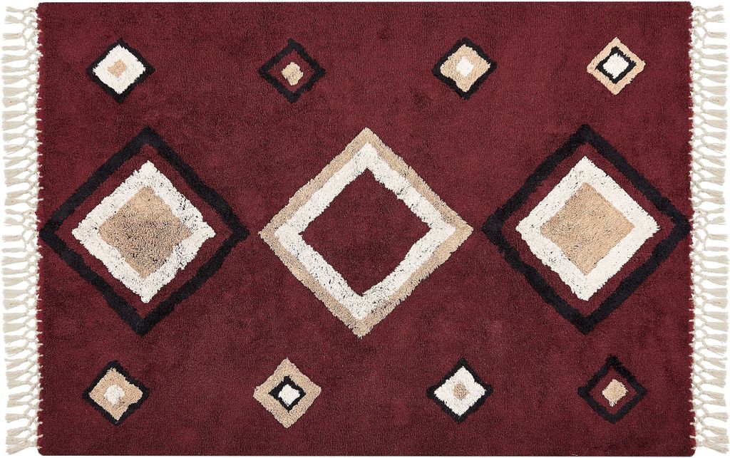 BELIANI Teppich Rot Baumwolle 160 x 230 cm Rechteckig Geometrisches Muster mit Quasten Boho Stil Handgetuftet für Wohnzimmer Schlafzimmer Flur